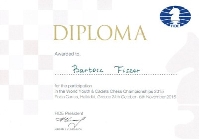 Certyfikat udziału w FIDE World Youth & Cadets Chess Championships